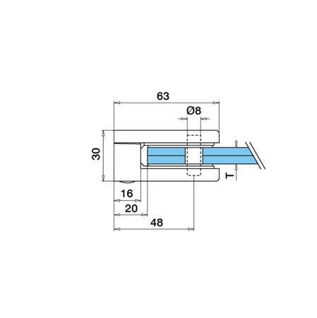 Klämfäste plan Glas 8 mm / 8,76 mm / 10,76 mm Storlek: 45 x 63 mm M8 skruv ingår 1 par gummi ingår 8 mm