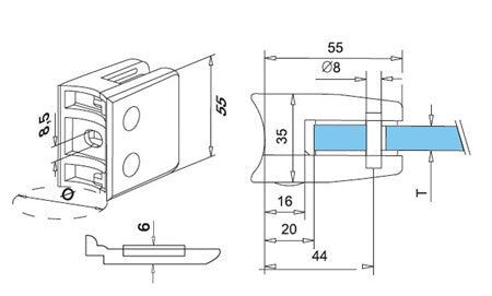 Klämfäste rör 42,4 mm Glas 8 mm / 8,76 mm / 10,76 mm Storlek: 55 x 55 mm M8 skruv ingår Säkerhetsplatta ingår 1 par gummi ingår 8 mm