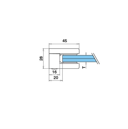 Klämfäste plan Glas 6 mm / 8 mm / 8,76 mm Storlek: 45 x 63 mm M8 skruv ingår 1 par gummi ingår 6 mm